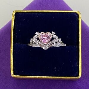 💛 Sterling Silver Pink Heart Halo Ring | Romantic Pavé Crown Setting